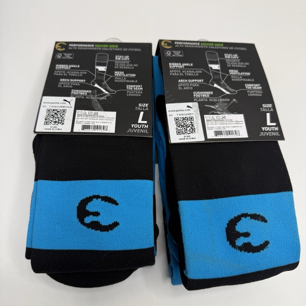 Puma Youth Soccer Socks Size L 4 Pairs Blue Black Crew 4-6 - Picture 2 of 4